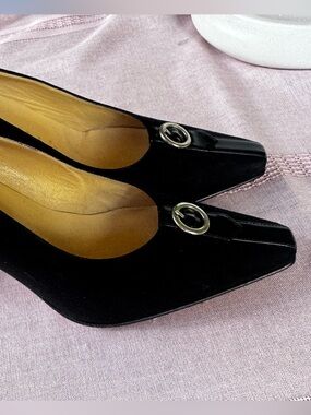 Black Suede Mid-Heel Pumps with Silver Buckle Accent